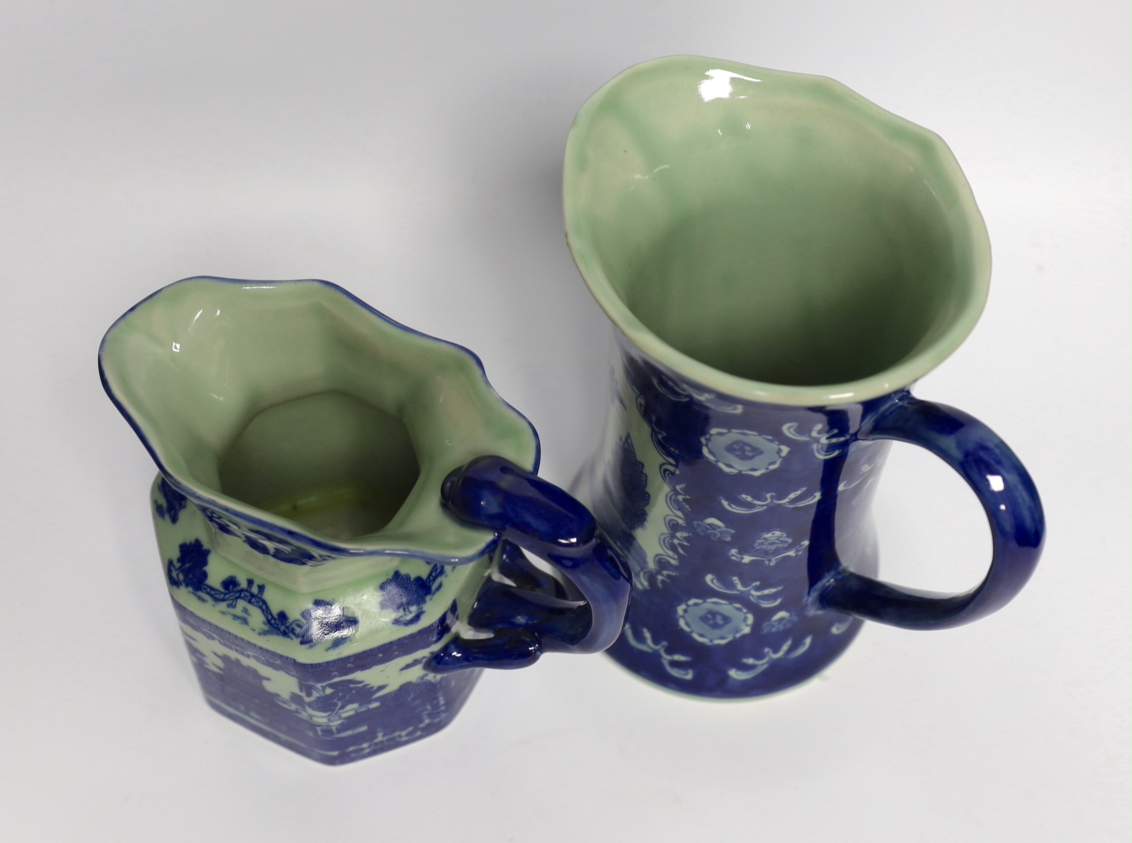 Two 20th century Chinese blue and white jugs, tallest 22cm